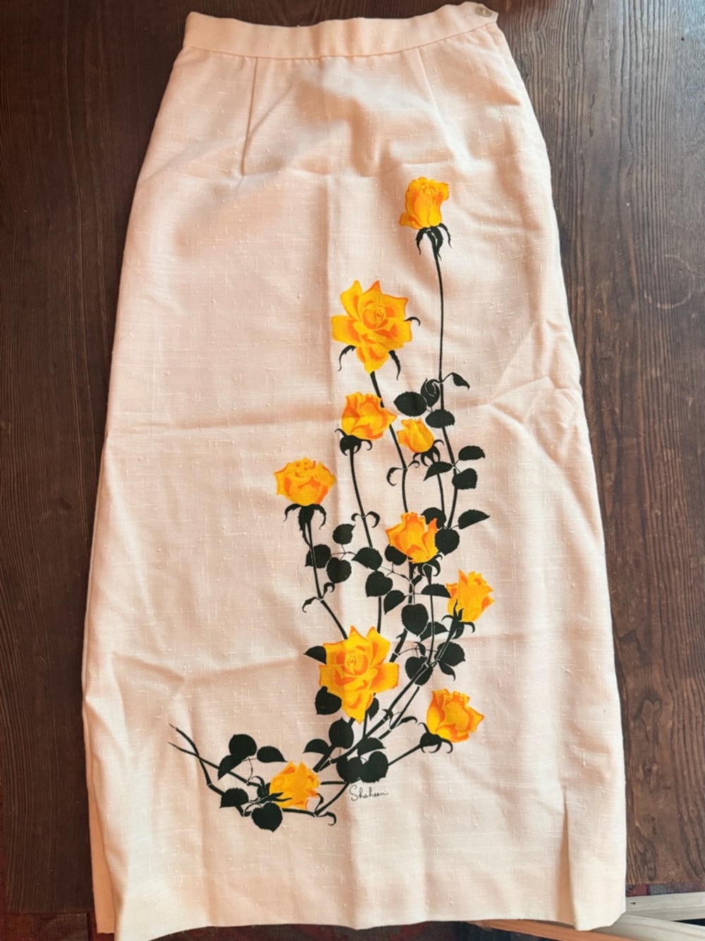 Linen Maxi Skirt with Yellow Rose Print